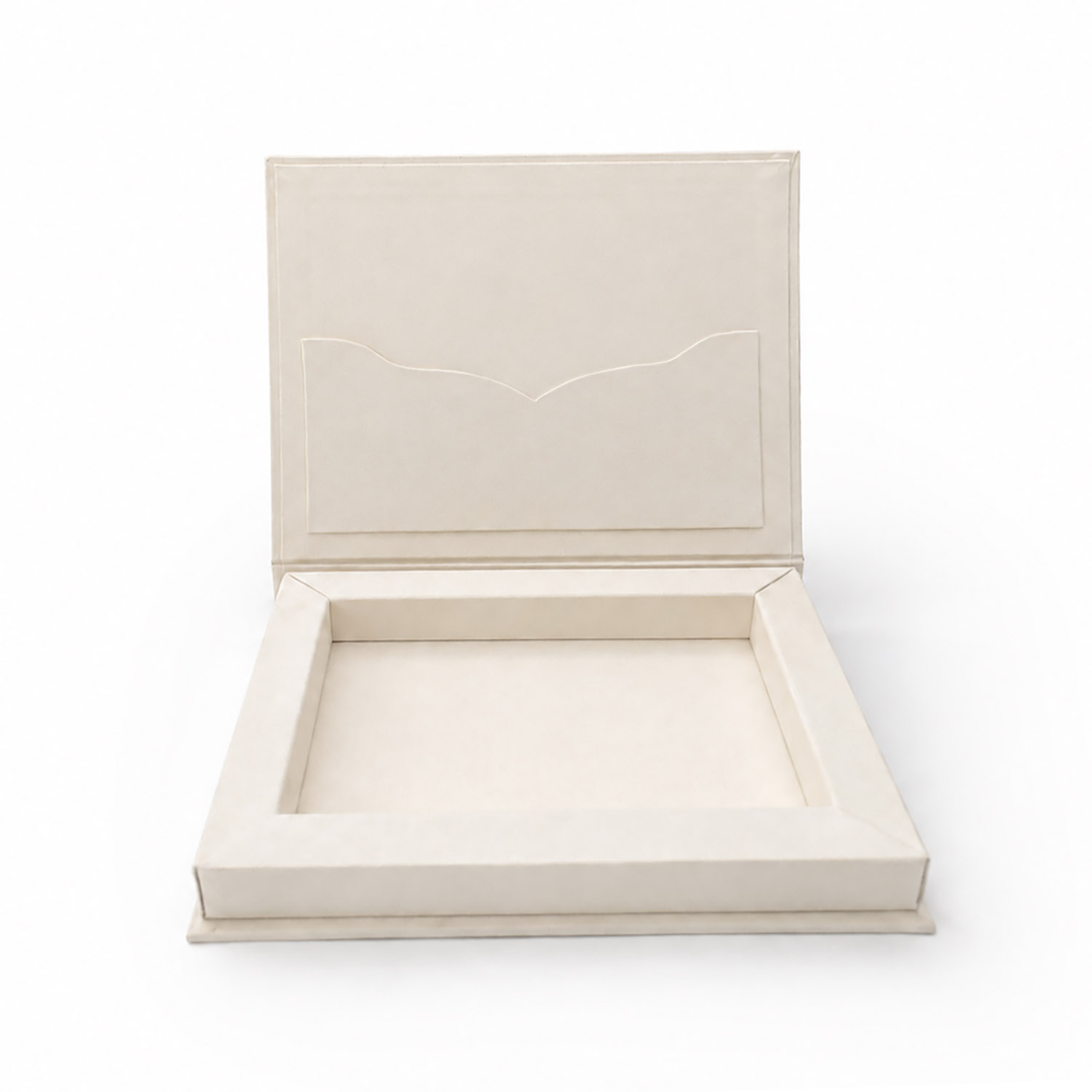 Classic plain ivory suede invitation box with suede and pocket, made with love in Thailand