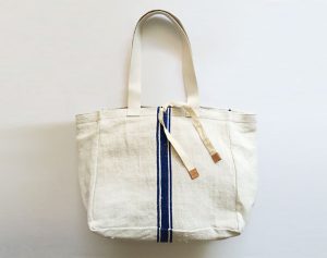 Timeless hemp tote bag with navy stripes and shoulder handles