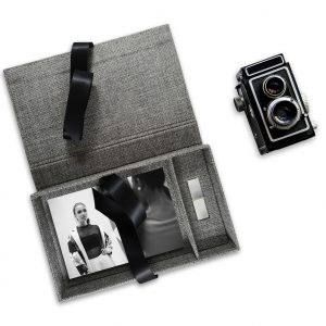 Grey & black linen USB photo box