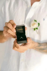 High-end paper engagement ring box with foil stamped logo branding