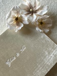 Blind debossed velvet invitation folio