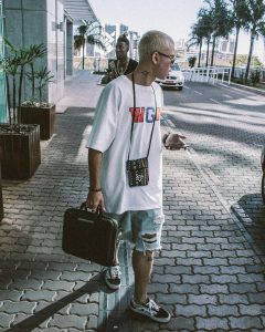 Man walks down the street with custom printed t-shirt
