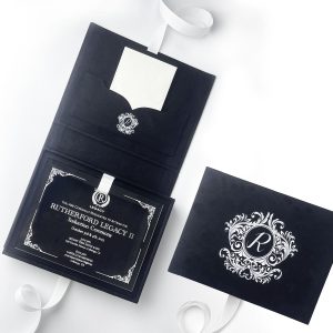 Custom Invitations, black velvet invitation box wit white monogram