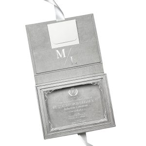 Grey Velvet Invitation Box with Silver Foil Monogram