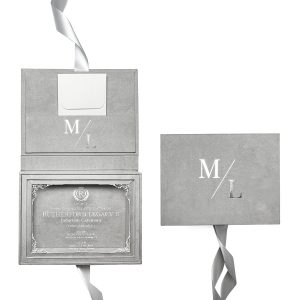 Grey velvet invitation box with silver foil monogram stamp