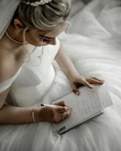 Bride during wedding planning, preparing her checklist