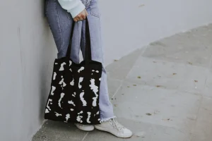 Black cotton canvas tote bag with custom white pattern print