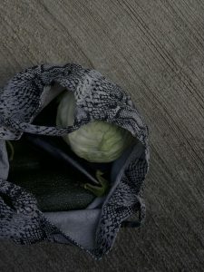 Custom printed fabric tote bag used during Saturdays grocery shopping