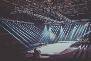 Light testing prior decoration of a mega party with celebrity guests