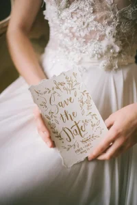 mulberry paper save the dates card with gold print