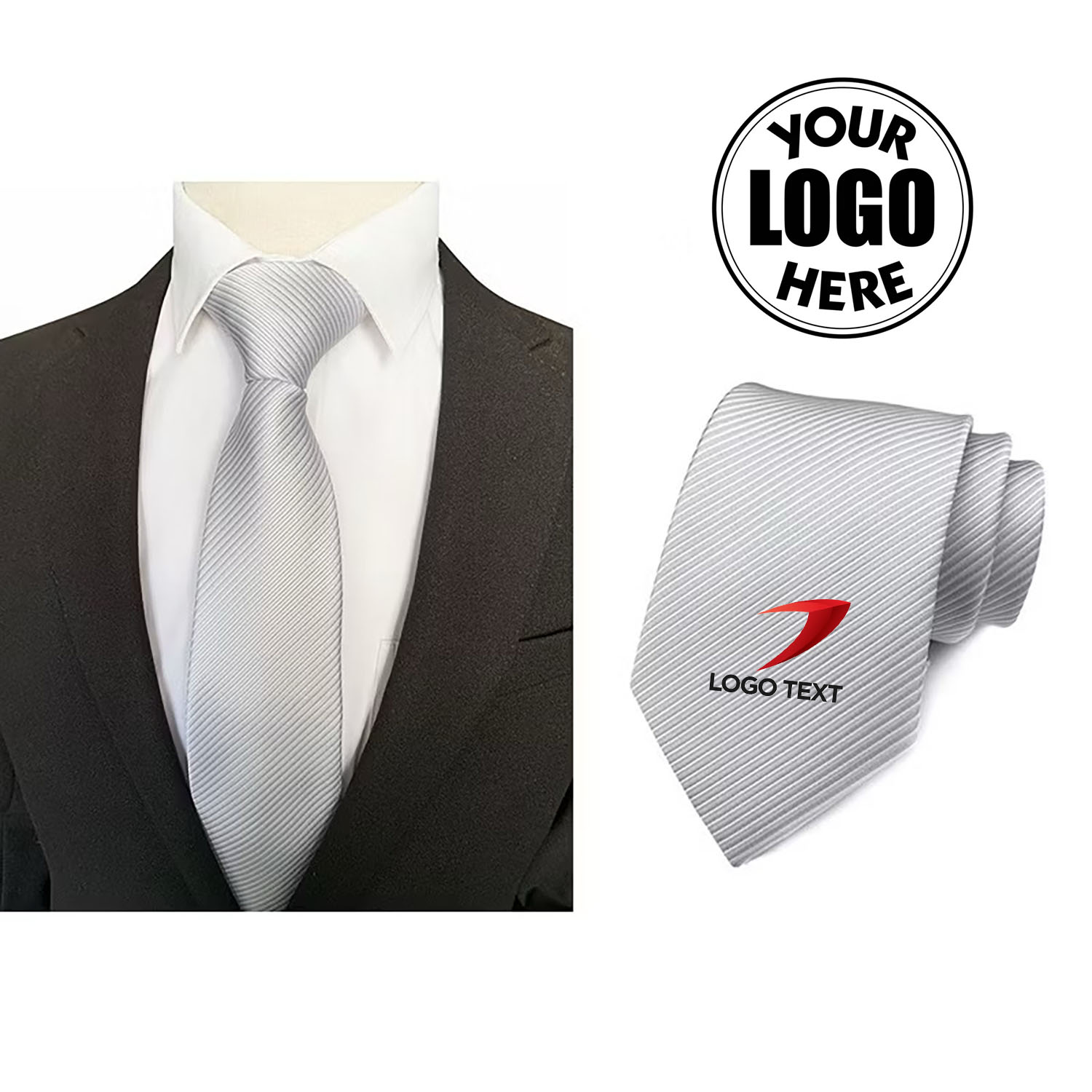 Silver silk necktie from Chiang Mai, Thailand, custom printed with company logo